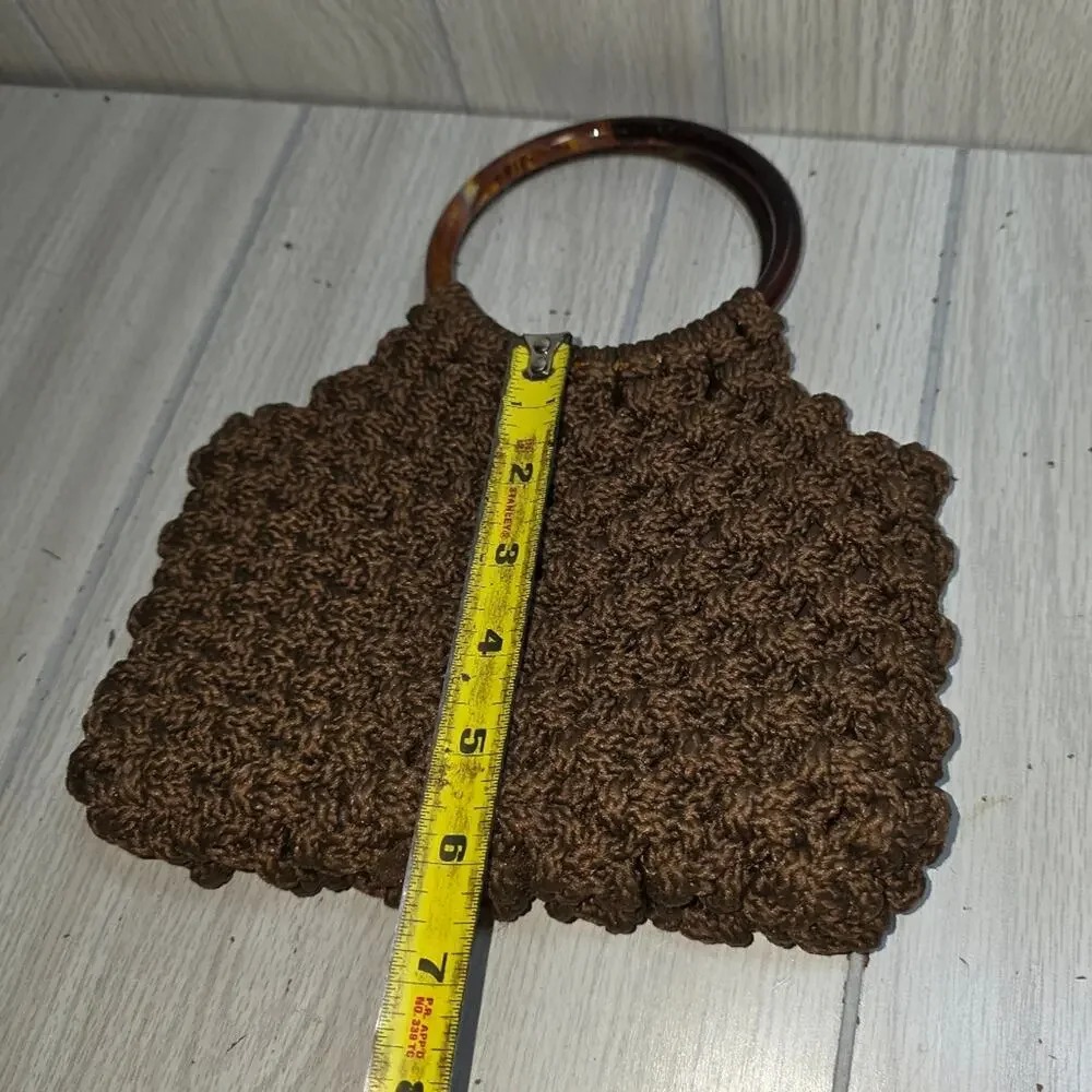 Vtg Handmade Brown Crochet Handbag Bakelite? Handle Knit/Woven Macrame Boho